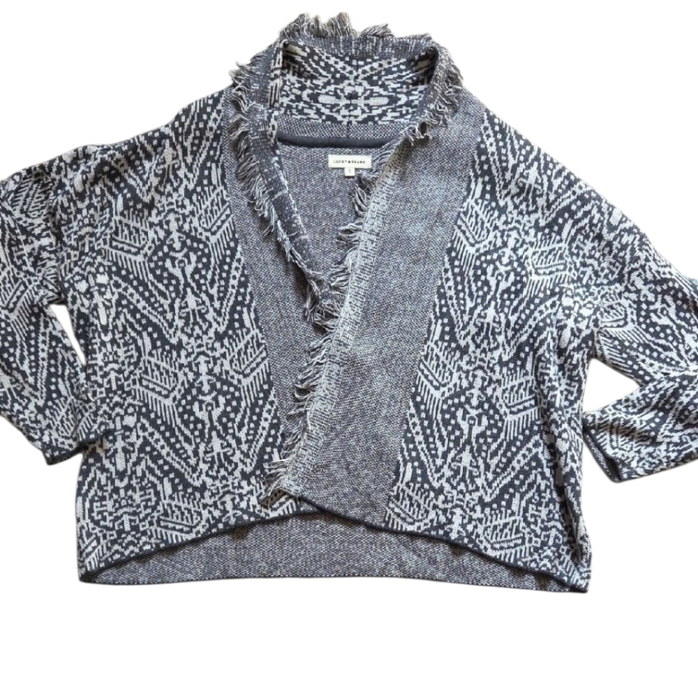 Lucky Brand Shawl Collar Open Front Jacquard Knit Cardigan - Picture 2 of 9